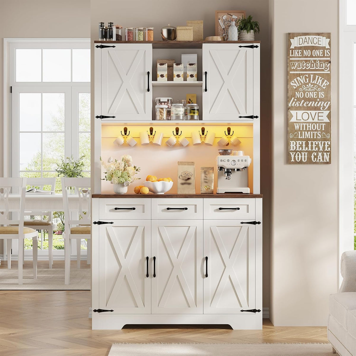 70.9" Tall Kitchen Pantry Cabinet with LED Light & Charging Station, Farmhouse Kitchen Hutch with Large Countertop & 10 Hooks, Kitchen Cabinet Storage with Drawers for Living Room, Dining Room, White