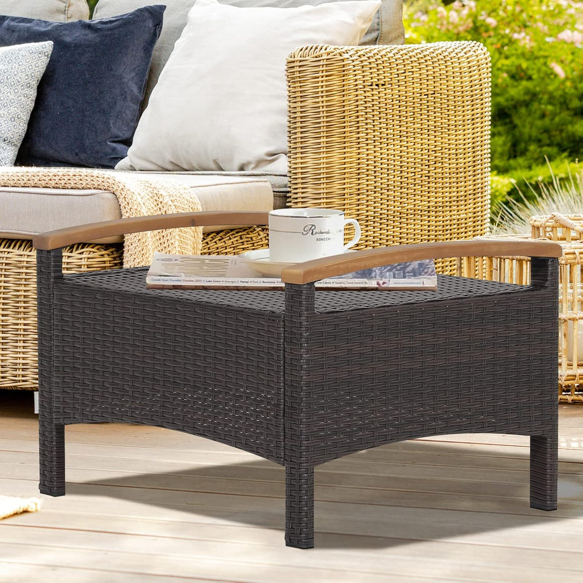 DORTALA Outdoor Ottoman Wicker 2 Piece, Square Patio Ottomans PE Rattan Foot Rest Footstool with Cushions for Couch, Chair, Red