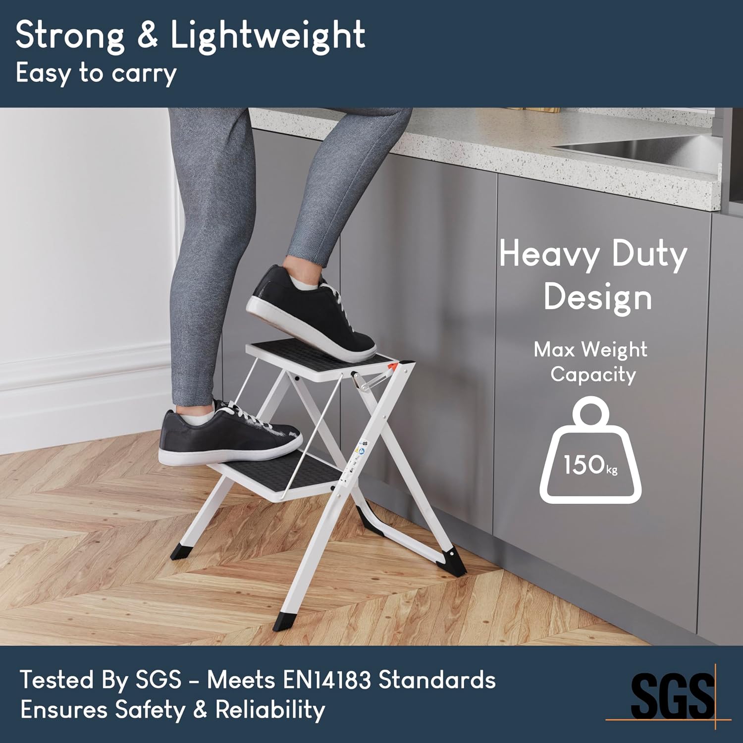 Home Vida 2 Step Ladder Compact, Heavy Duty Steel, Portable Folding, Anti-Slip Mat, Home, Kitchen, DIY, Gardening Step Ladder, 150kg Max Capacity