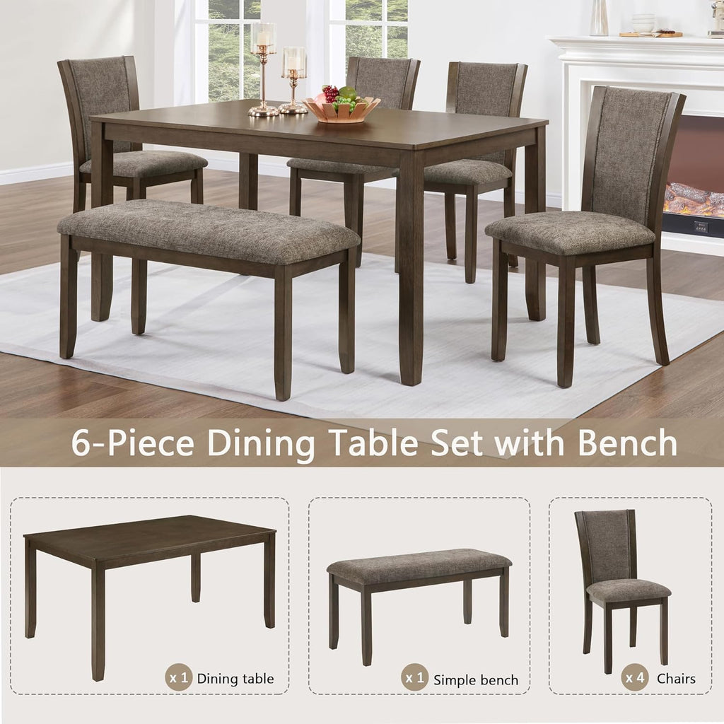 JIJIWANG 6-Piece Dining Table Set with Bench and Chairs, Wooden Dining Table for 6 People, Farmhouse Rustic Style 6 Person Dining Table Set for Dining Room Kitchen Dark Walnut