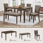 JIJIWANG 6-Piece Dining Table Set with Bench and Chairs, Wooden Dining Table for 6 People, Farmhouse Rustic Style 6 Person Dining Table Set for Dining Room Kitchen Dark Walnut