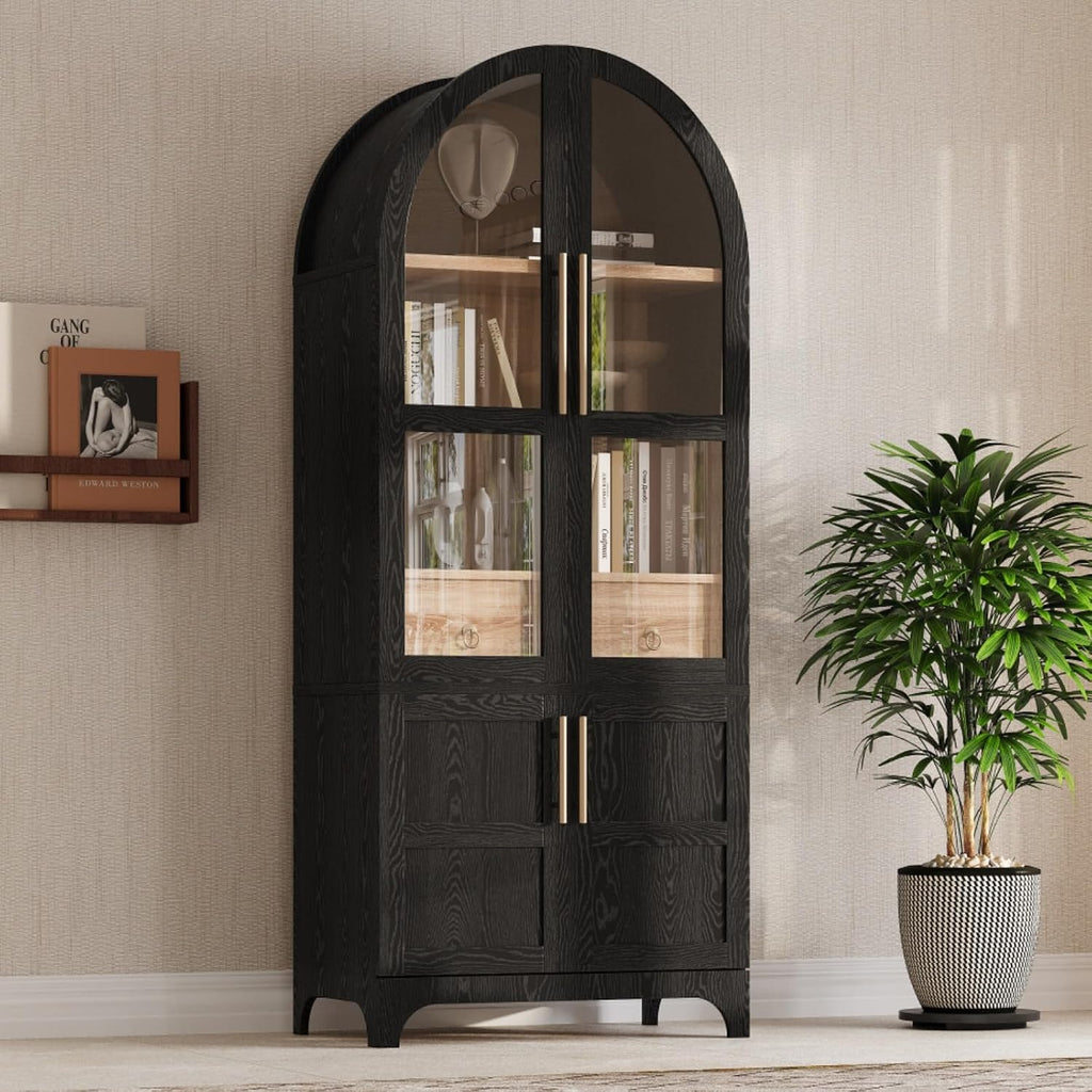 Hassyee Arched Kitchen Pantry Cabinet with Door Shelves, Farmhouse Kitchen Storage Cabinet with Open & Adjustable Shelves, Hidden Drawer & Glass Door, Cupboard for Kitchen, Dining Room (Black)