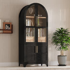 Hassyee Arched Kitchen Pantry Cabinet with Door Shelves, Farmhouse Kitchen Storage Cabinet with Open & Adjustable Shelves, Hidden Drawer & Glass Door, Cupboard for Kitchen, Dining Room (Black)