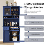 Freestanding Kitchen Pantry with Drawer, Adjustable Shelves & Wine, Blue | Rustic blue finish, solid wood legs, adjustable shelves, wine rack holds 12 bottles, 35.4"W x 17.7"D x 74.8"H, for dining