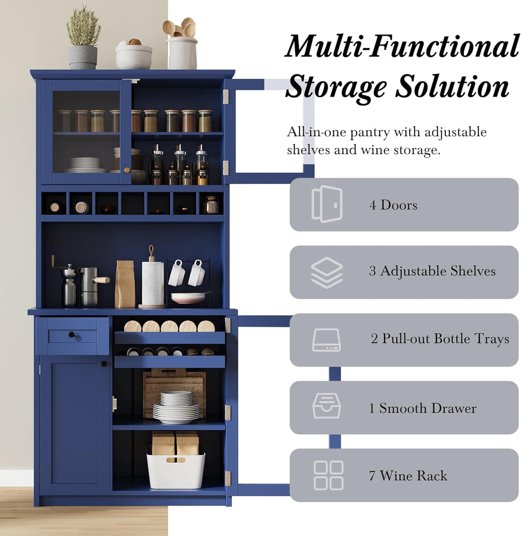 Kitchen Pantry Storage Cabinet, Tall Freestanding Farmhouse Buffet with Hutch 74.8” Tall, Adjustable Shelves & Wine Rack Built in, Large Cupboard for Living Room, Dining Room, Blue
