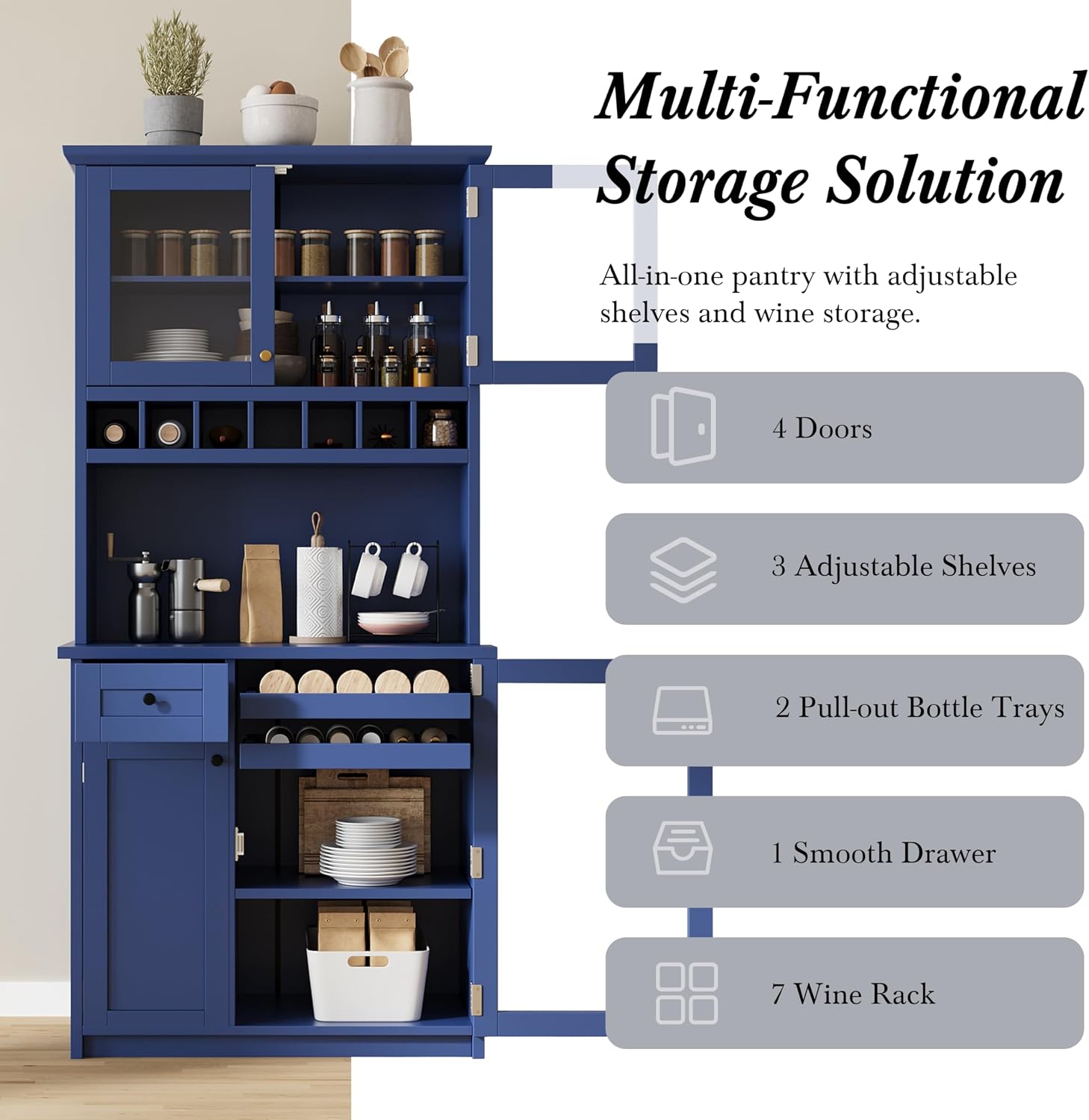 Kitchen Pantry Storage Cabinet, Tall Freestanding Farmhouse Buffet with Hutch 74.8” Tall, Adjustable Shelves & Wine Rack Built in, Large Cupboard for Living Room, Dining Room, Blue