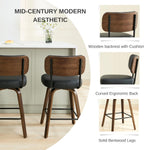 Swivel Bar Stools Set of 3, 26" Counter Height, Black | Walnut Wood Legs, Upholstered Seat, Supportive Backrest, Easy-Clean Faux Leather, Mid-Century Modern, 4-Inch Cushion