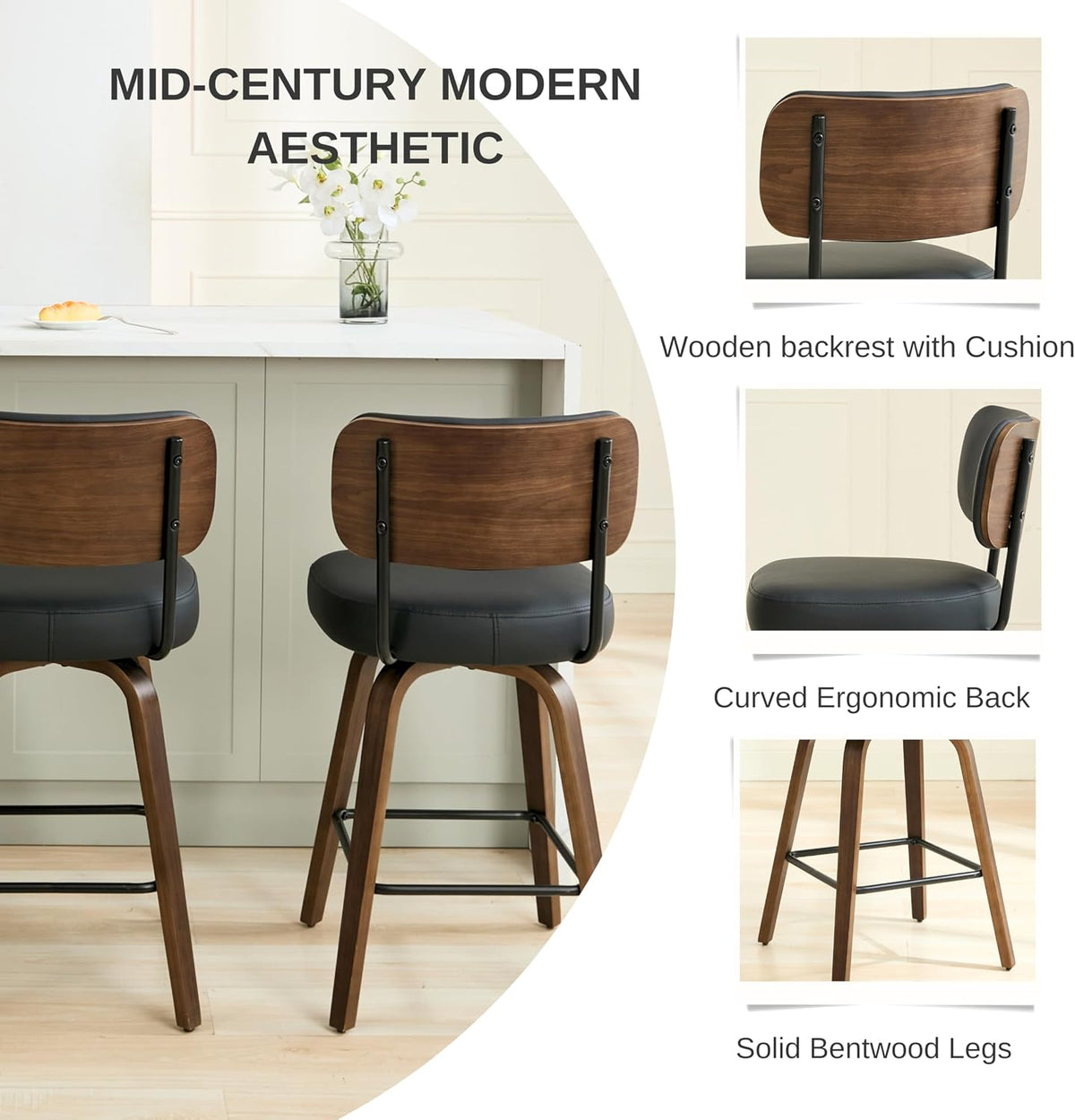 Swivel Bar Stools Set of 3, 26" Counter Height, Black | Walnut Wood Legs, Upholstered Seat, Supportive Backrest, Easy-Clean Faux Leather, Mid-Century Modern, 4-Inch Cushion