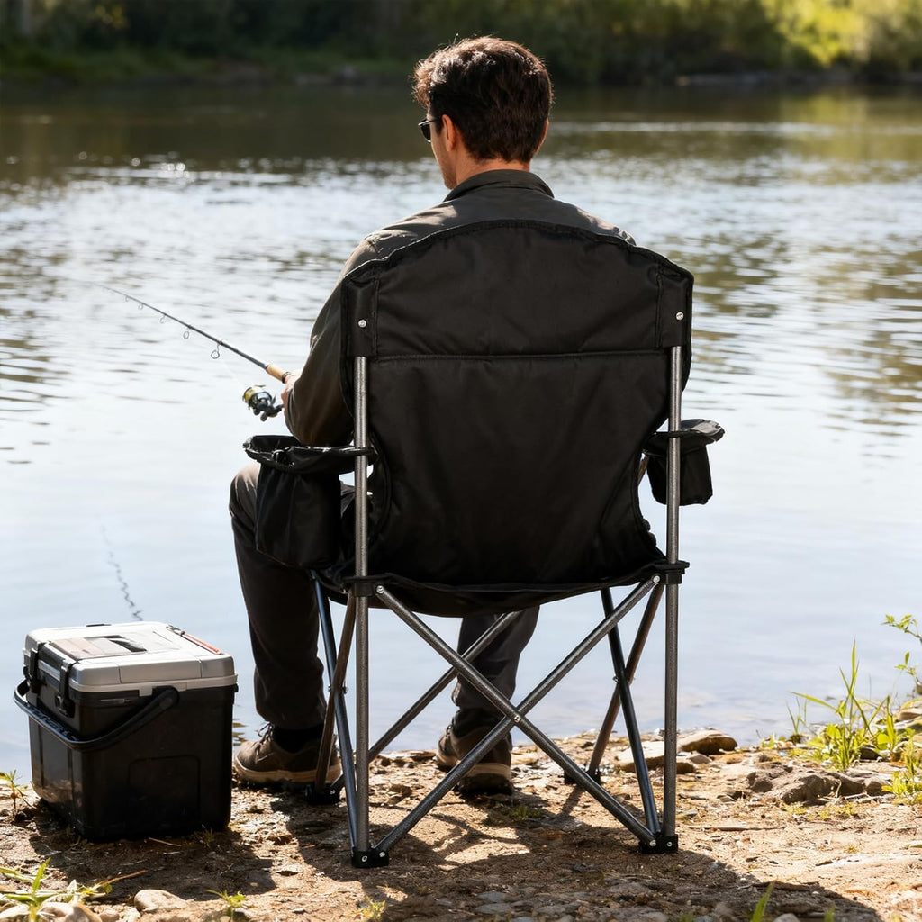 Padded Camping Chair with Sturdy Armrests, Heavy Duty Folding Chair for Adults Supports 350lbs, Portable Outdoor Chair with Reinforced Carry Bag for Camping, Fishing, Lawn & Sports