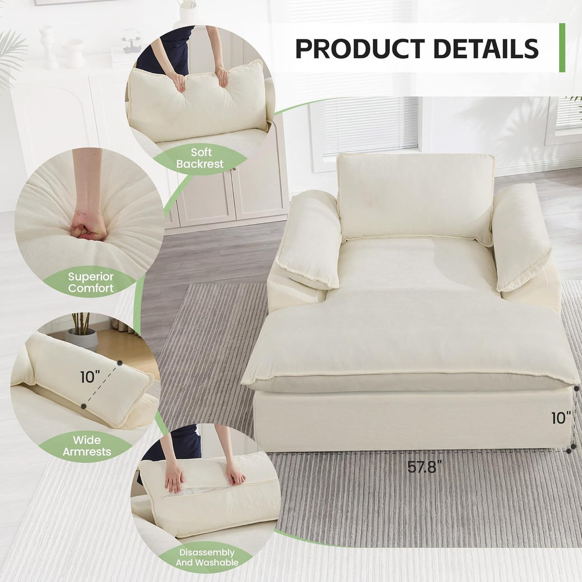 HUBSON 69" Oversized Chaise Lounge Chair Indoor, Comfy Deep Seat Sleeper Lounge Couch, Upholstered Chenille Cloud Chairs for Living Room, Bedroom, Apartment, No Assembly Required, Beige