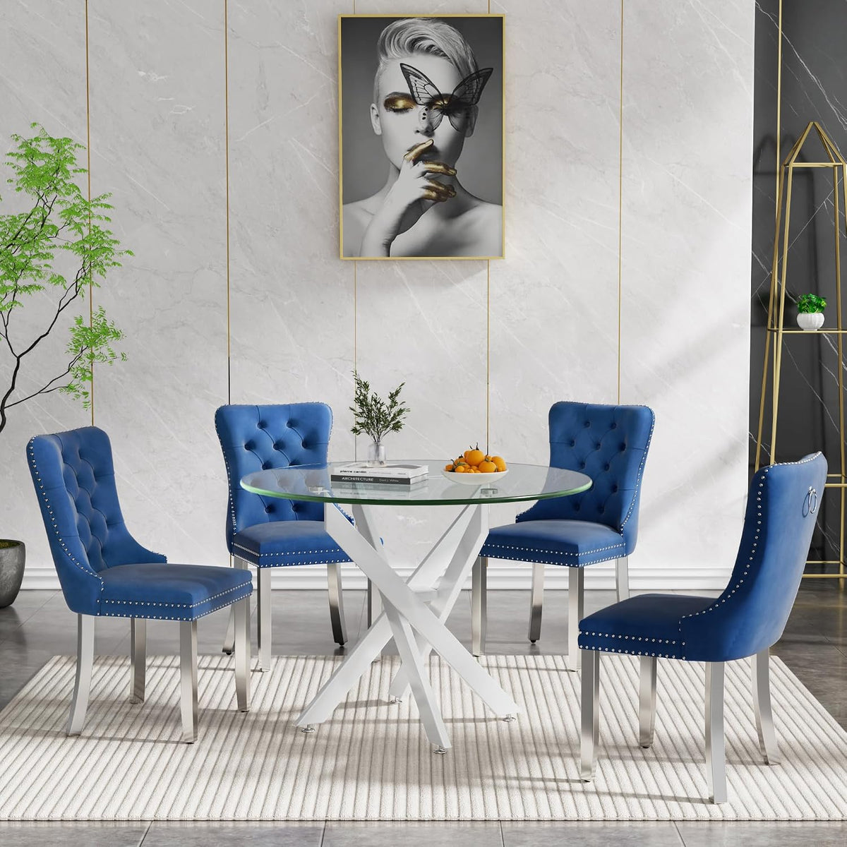 Modern Round Dining Table for 4, 36" Circle Glass Kitchen Dining Room Table with White Metal Cross Legs, Tempered Glass Tabletop, Perfect for Dinner Kitchen Living Dining Room