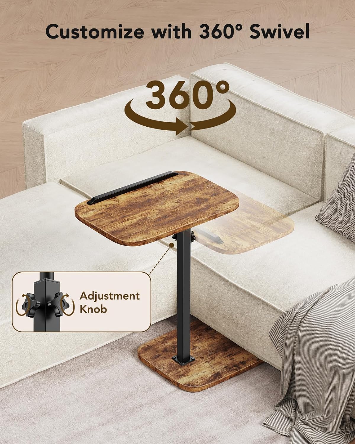 HUANUO TV Tray Table, Adjustable Height TV Tray with 360° Swivel & 90° Tilt Tabletop, TV Tables for Eating with Anti-Slip Bar, TV Tray for Bed, Sofa, Dining, Laptop, Living Room & Home Office