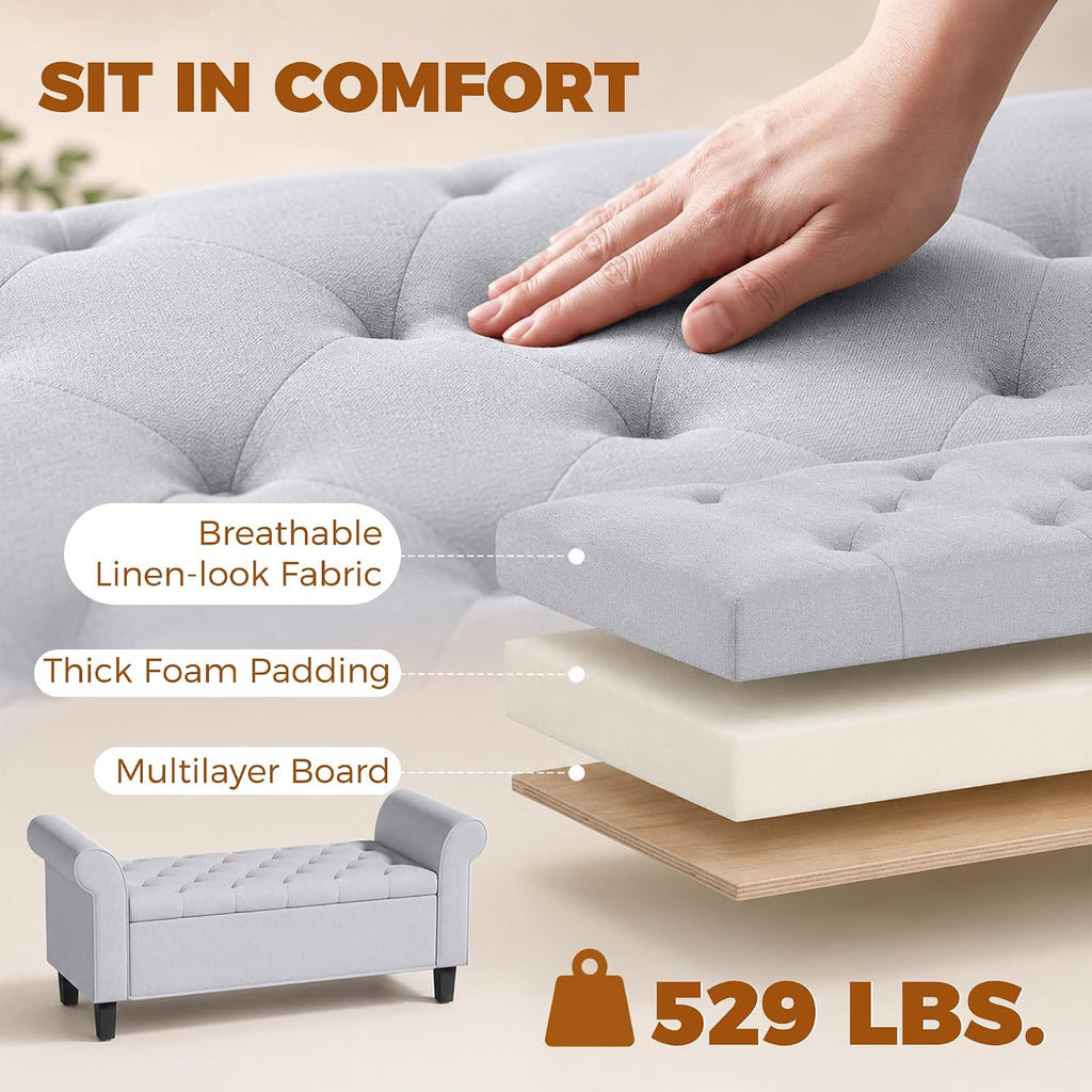 HOMCOM 47" Storage Ottoman Bench, Tufted Long Ottoman with Storage Chest, Rolled Arms, Safety Hinge, Wooden Legs, Upholstered End of Bed Bench, 528 lbs for Bedroom, Entryway, Living Room, Light Gray