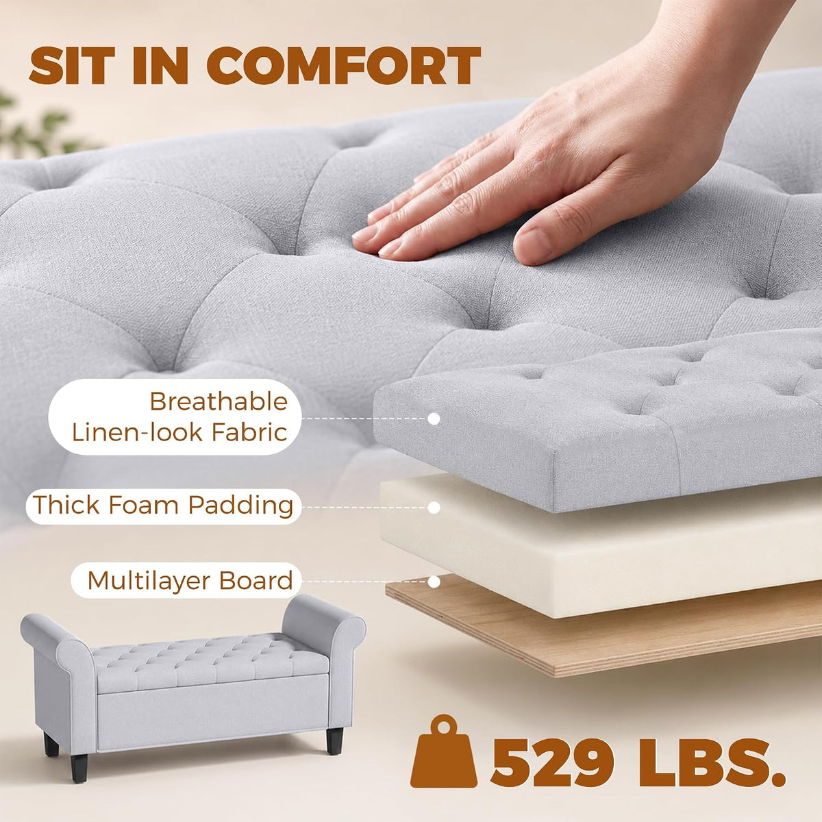 HOMCOM 47" Storage Ottoman Bench, Tufted Long Ottoman with Storage Chest, Rolled Arms, Safety Hinge, Wooden Legs, Upholstered End of Bed Bench, 528 lbs for Bedroom, Entryway, Living Room, Light Gray