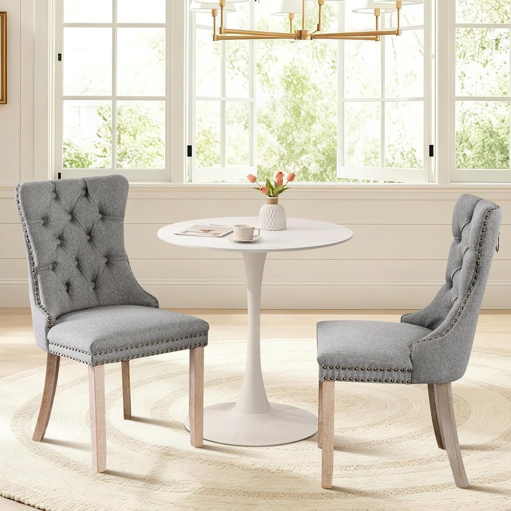 Dining Table and Dining Chair Set 23.6" White Round Table&2 Linen Fabric Upholstered Wooden Legs Chairs for Kitchen Dining Room Small Space 3 Piece Dining Table and Chair Set（Grey）