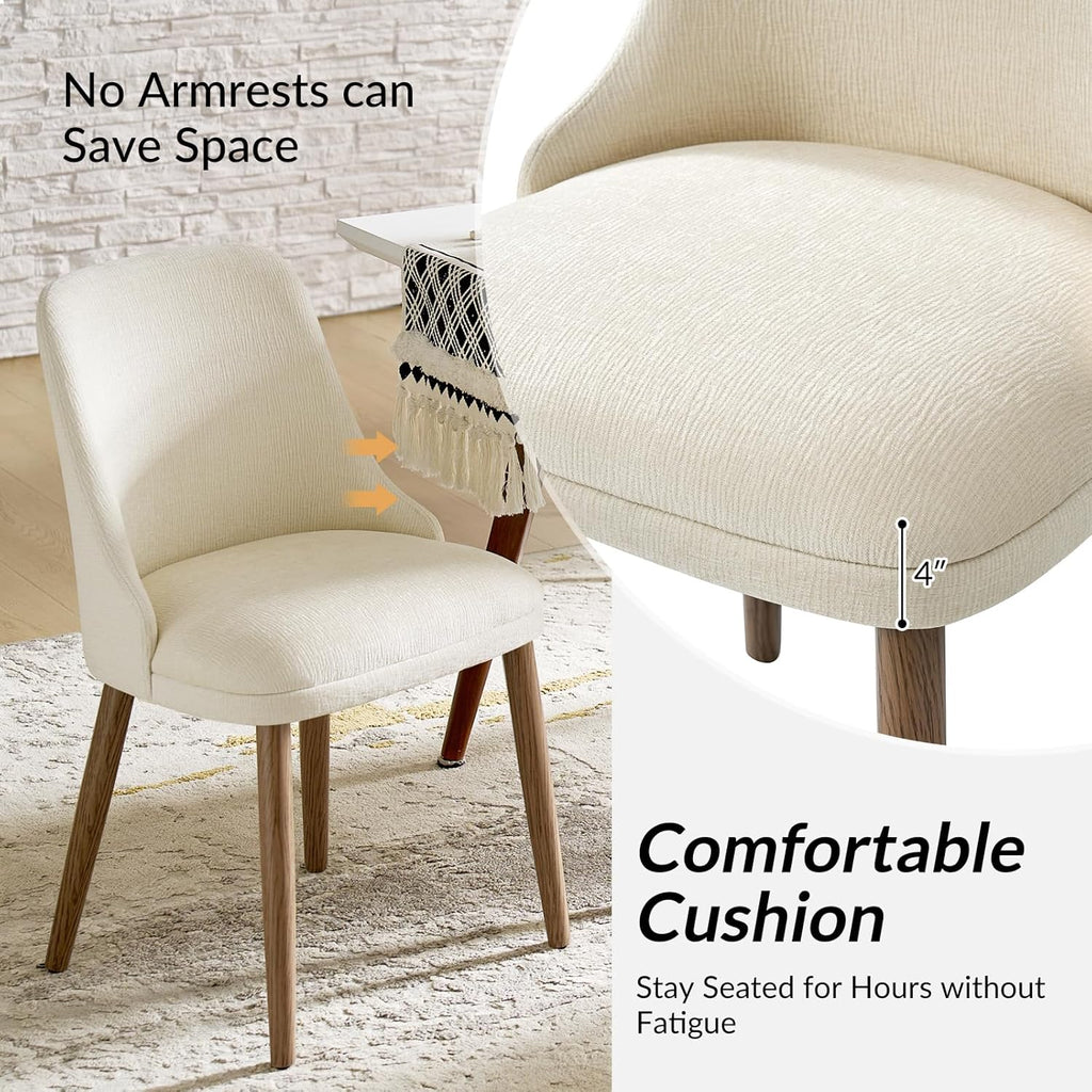 HULALA HOME Dining Chairs Set of 2, Ivory Fabric Upholstered Dining Room Chairs Set with Solid Wood Legs, Paded Back, Modern Kitchen Accent Chairs for Living Room Bedroom Reception