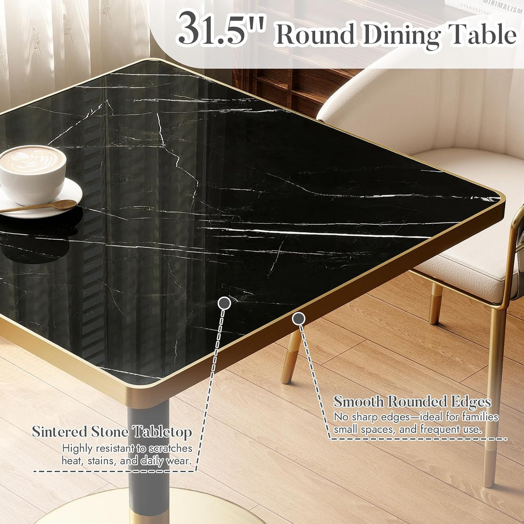 31.5'' Tulip Table, Square Dining Table with Sintered Stone Tabletop | Gold Edge & Pedestal, Bistro Table for 2-4 Person for Dining Room/Café/Small Spaces/Restaurant (Black Marble Vein)
