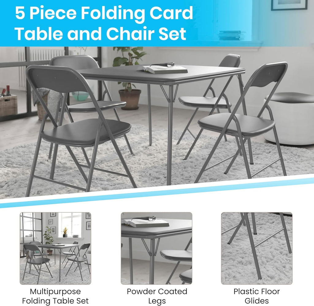 Flash Furniture Madison 5-Piece Folding Card Table and Chair Set, Gray | Portable, Indoor/Outdoor, Event Table and Chairs