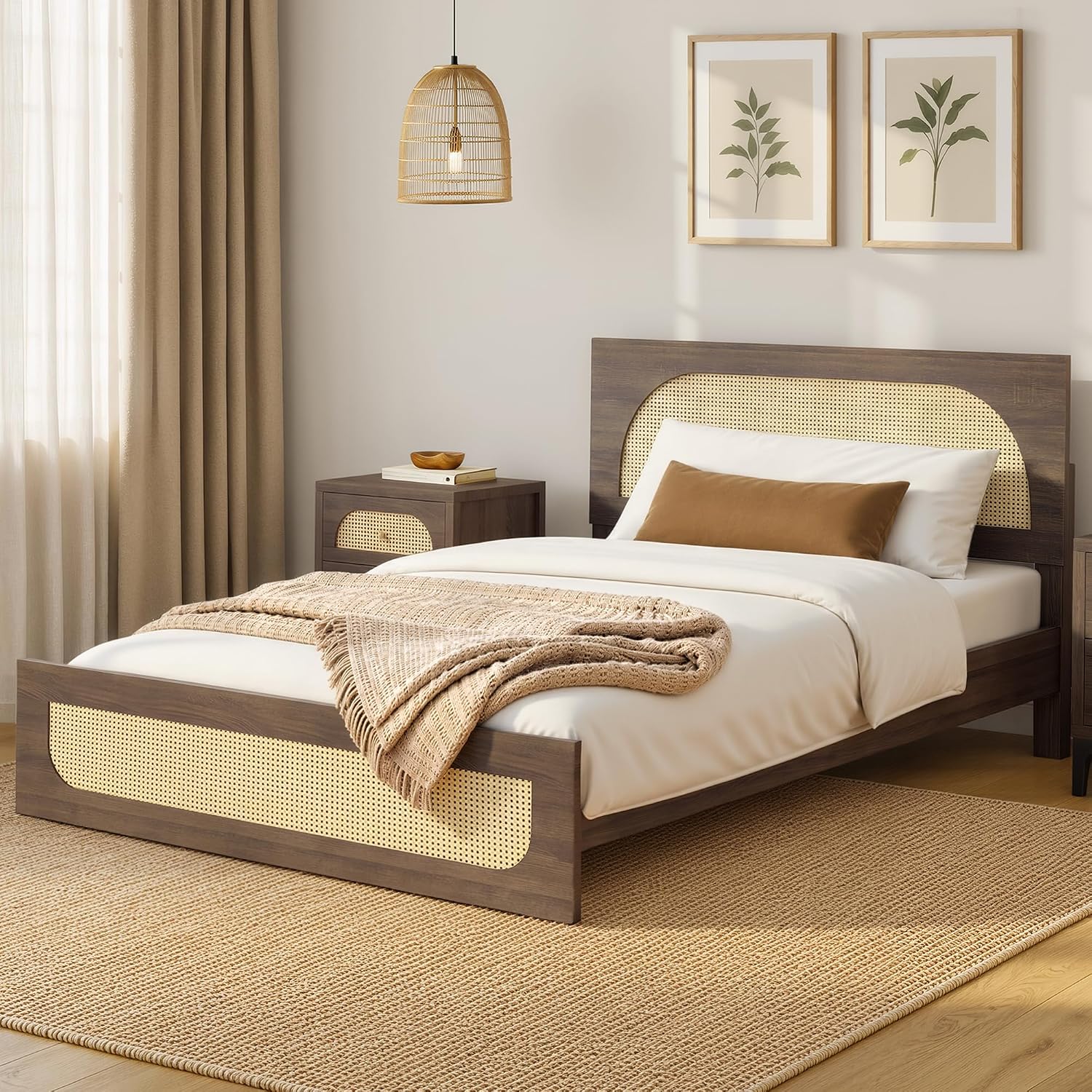 KISLOT Boho Rattan Bed Frame, Farmhouse Platform Bed Frame with Headboard and Footboard, Bedroom Furniture Solid Wood Support Mattress Foundation with Silent Slat Support No Box Spring Needed