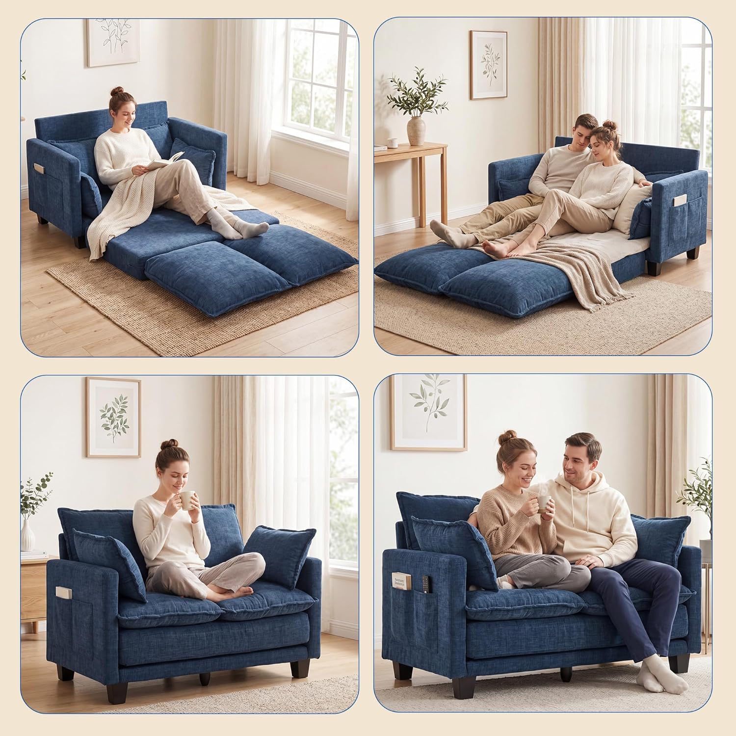 49" Loveseat Sofa Bed, 2 in 1 Convertible Small Sofa Pull Out Couch Bed Chenille Deep 2 Seat Sleeper Twin XL Futon Mattress for Small Spaces Living Room Bedroom Apartment Office, Blue