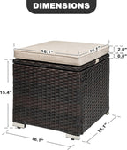 NUU GARDEN Outdoor 2 Piece Outdoor Patio Ottoman, All Weather Rattan Wicker Ottoman Seat, Outdoor Footstool Footrest Seat with Removable Cushion, for Patio, Backyard, Side Table, Black and Beige