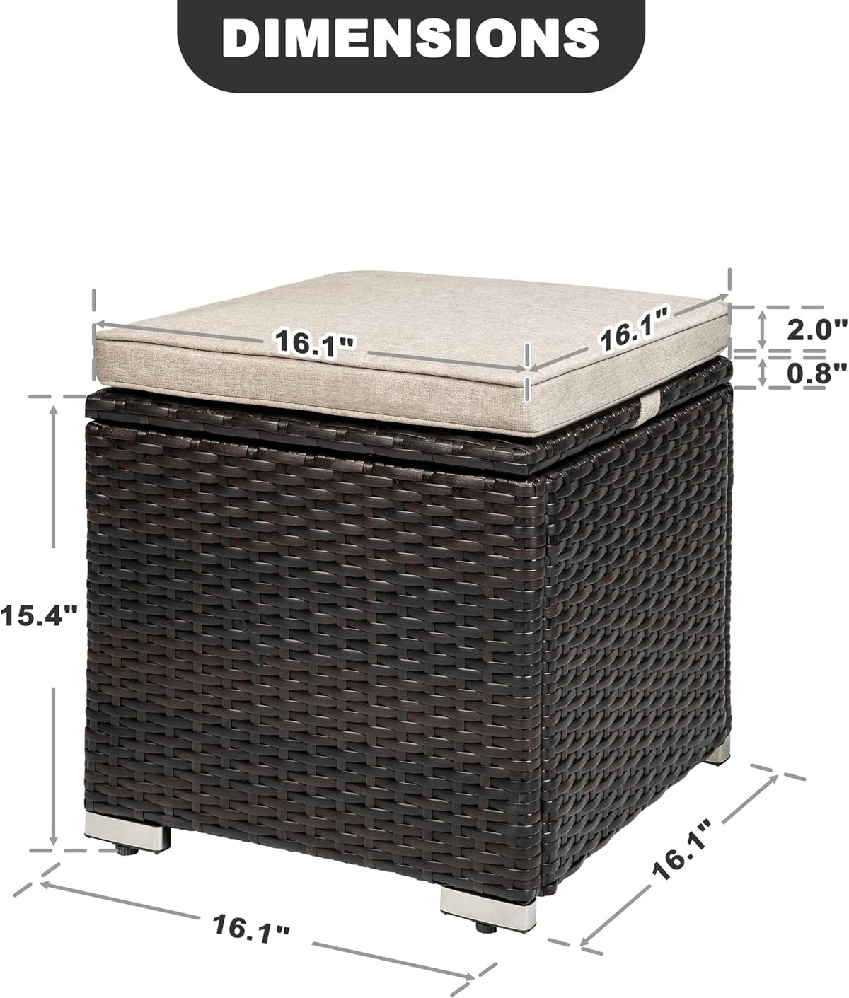 NUU GARDEN Outdoor 2 Piece Outdoor Patio Ottoman, All Weather Rattan Wicker Ottoman Seat, Outdoor Footstool Footrest Seat with Removable Cushion, for Patio, Backyard, Side Table, Black and Beige
