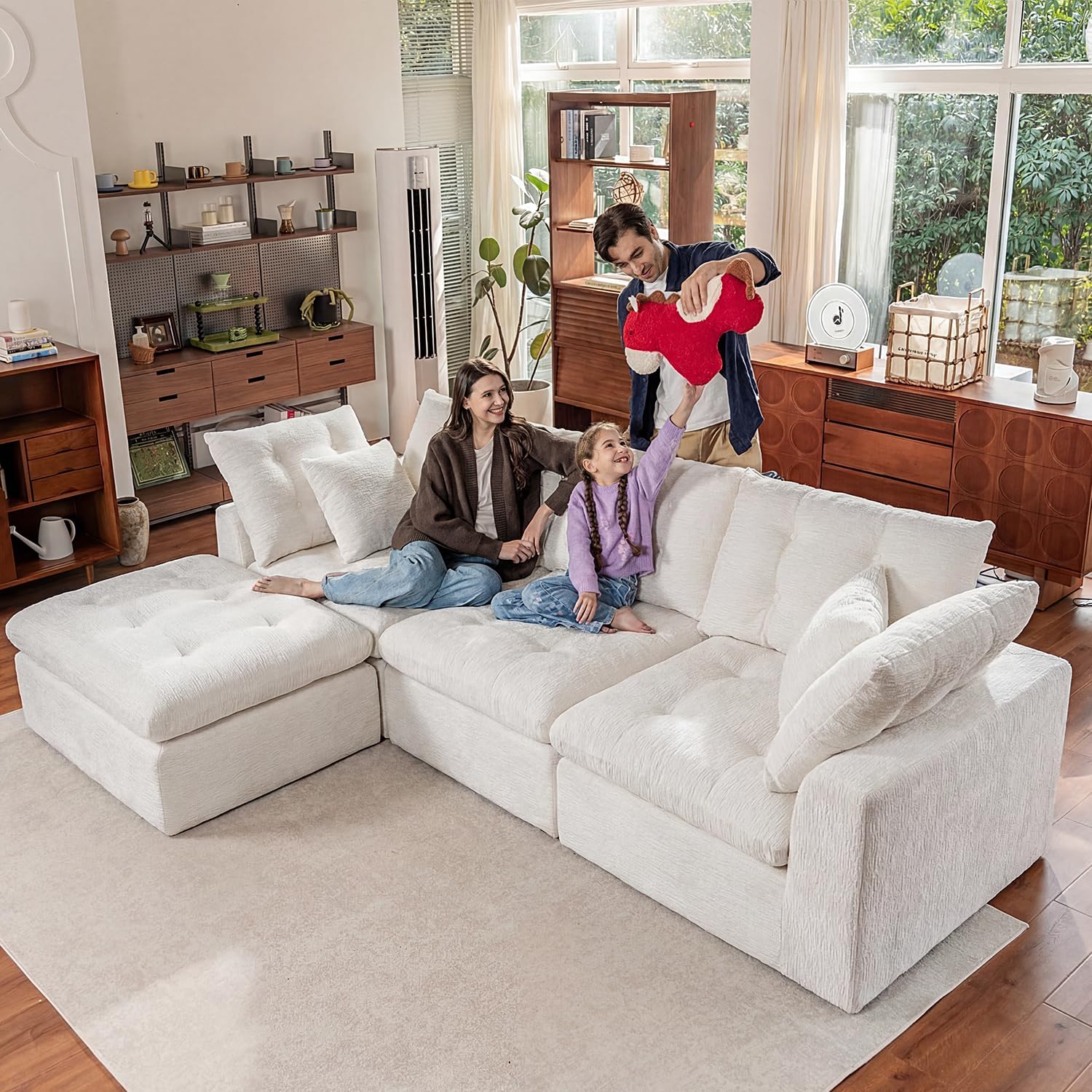 110" Oversized Cloud Sectional Couch, Modular Chenille L-Shaped Compressed Sofa with Ottoman & 3-in-1 Multi-Purpose Pillow, 3 Seater Memory Foam Couches for Living Room, Beige