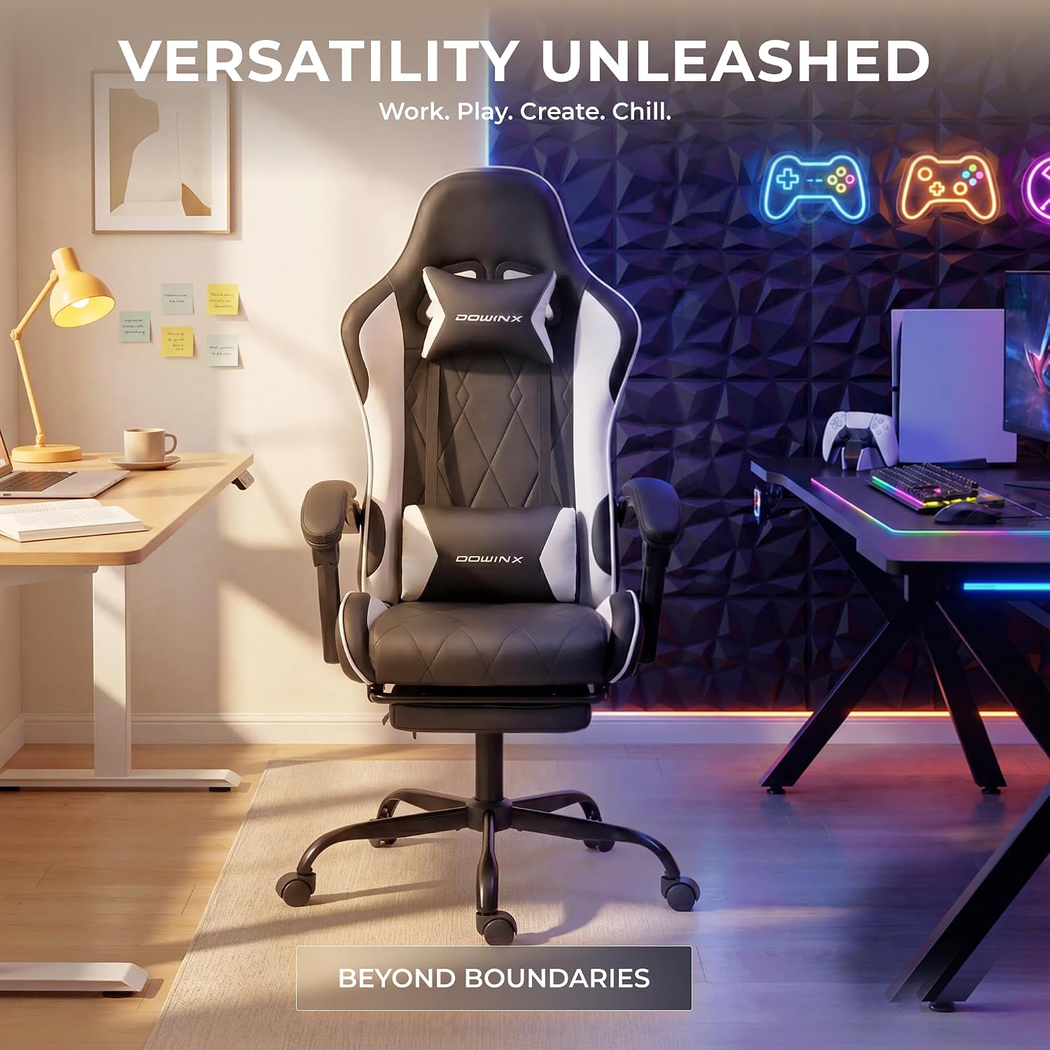 Dowinx Gaming Chair with Footrest, Ergonomic Office Chair, Black White | PU leather over high-density foam with lumbar support; steel frame holds 300 lbs; built for WFH, study, and napping