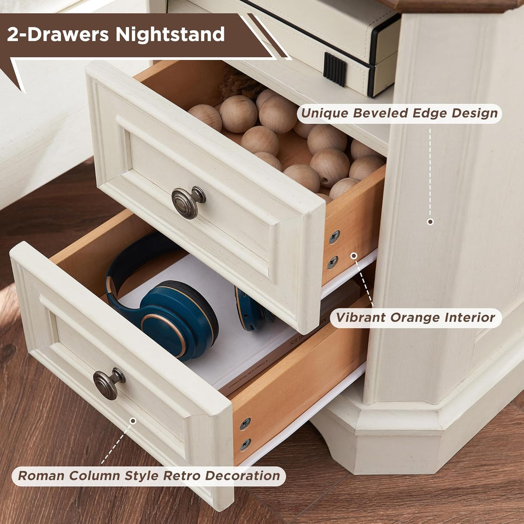T4TREAM Farmhouse Nightstand Set of 2 with Charging Station, 18" End Table with 2 Drawers, Wood Side Table, Bedside Cabinet for Bedroom, Living Room (Antique White)