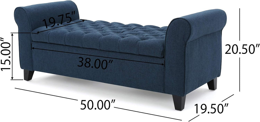 ‎GDF Studio Keiko Fabric Armed Storage Bench, Dark Blue, Dimensions: 19.75”D x 50.00”W x 20.5”H