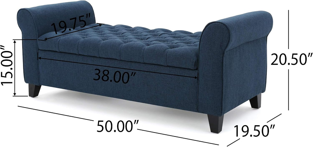 ‎GDF Studio Keiko Fabric Armed Storage Bench, Dark Blue, Dimensions: 19.75”D x 50.00”W x 20.5”H