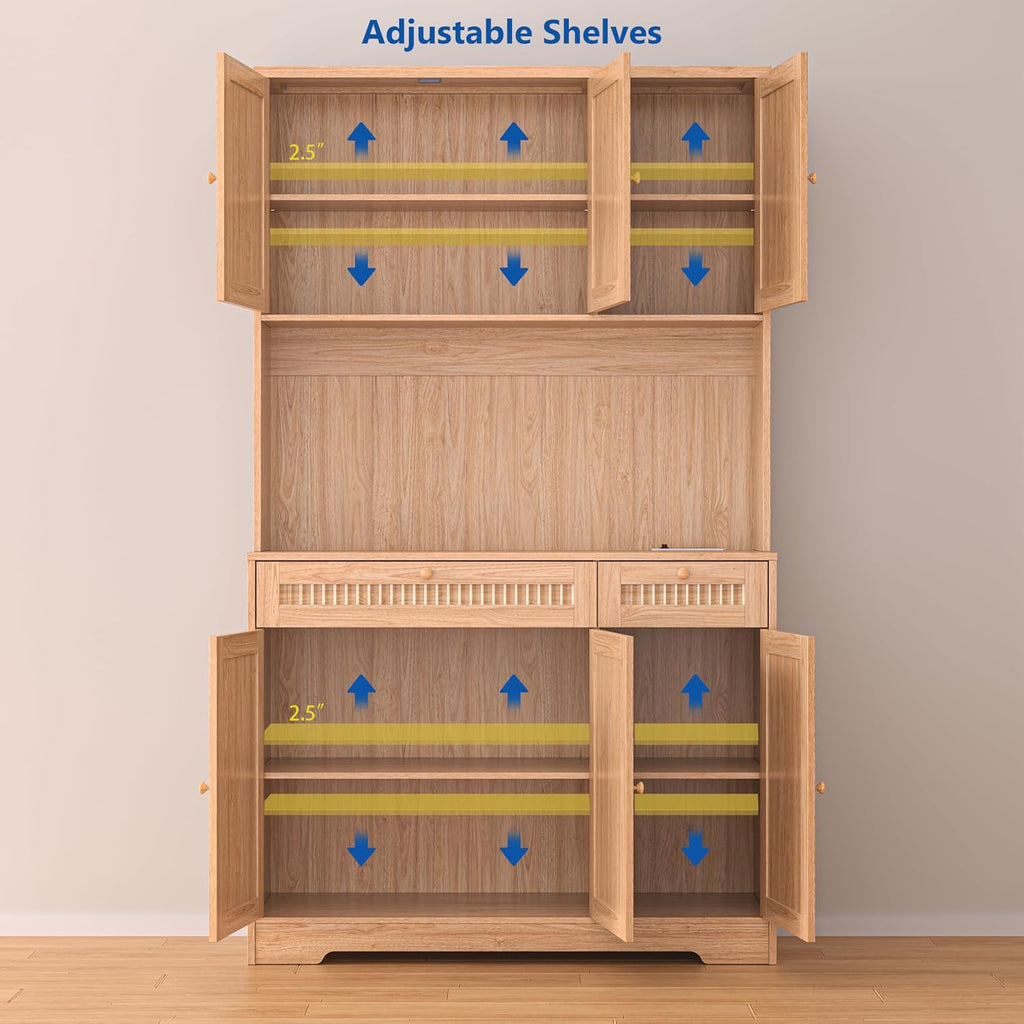 Pantry Storage Cabinet with Charging Station, Kitchen Storage with Adjustable Shelves, Food Pantry Cabinet with Coffee Bar Storage, Modern Kitchen Cupboard for Dining Room, Living Room, Oak