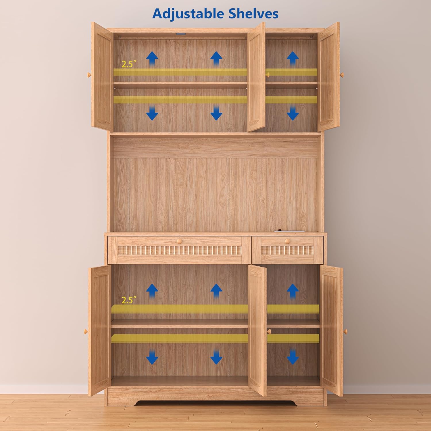 Pantry Storage Cabinet with Charging Station, Kitchen Storage with Adjustable Shelves, Food Pantry Cabinet with Coffee Bar Storage, Modern Kitchen Cupboard for Dining Room, Living Room, Oak