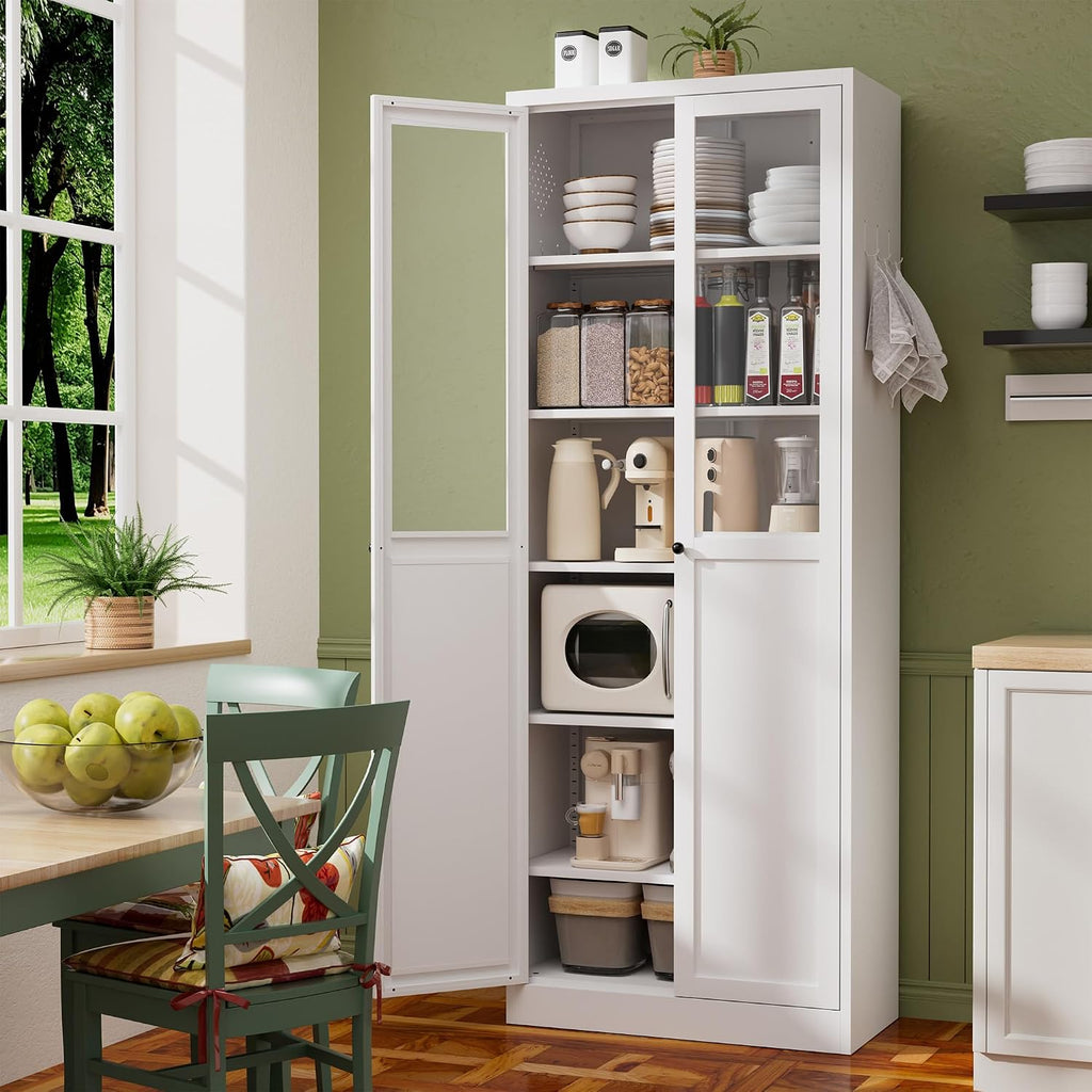 DSHADE 72" Tall Metal Kitchen Pantry Cabinet with Adjustable Shelves & Doors, Heavy-Duty Freestanding Storage Organizer, Tool-Free Assembly for Living Room, Bathroom, White