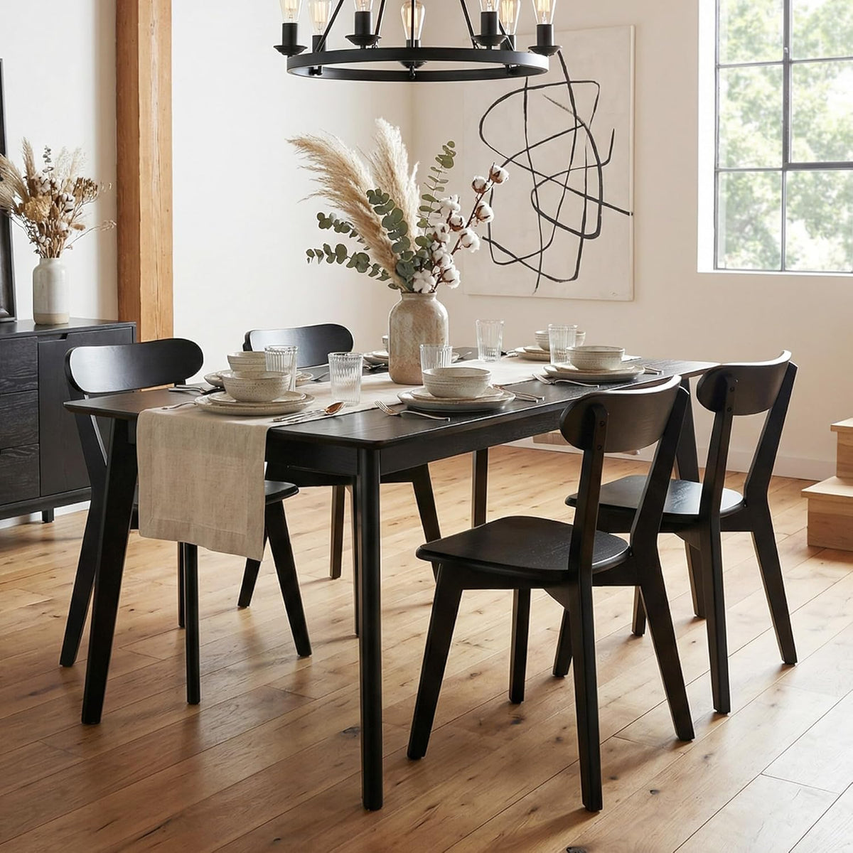 HNY Farmhouse Solid Wood Dining Chairs Set of 4, Mid Century Modern Armless Kitchen & Dining Room Chairs with Curved Back, 300 LBS Capacity, Black for Home, Apartment