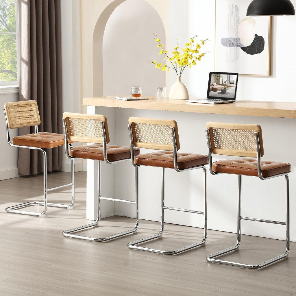 Zesthouse Natural Rattan Counter Stools Set of 2, 26" Modern Boho Barstools | Mid Century Modern Barstool with Cane Mesh & Chrome Base, Vintage Faux Leather Counter Height Chair for Kitchen Island, Brown
