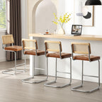 Zesthouse Natural Rattan Counter Stools Set of 2, 26" Modern Boho Barstools | Mid Century Modern Barstool with Cane Mesh & Chrome Base, Vintage Faux Leather Counter Height Chair for Kitchen Island, Brown