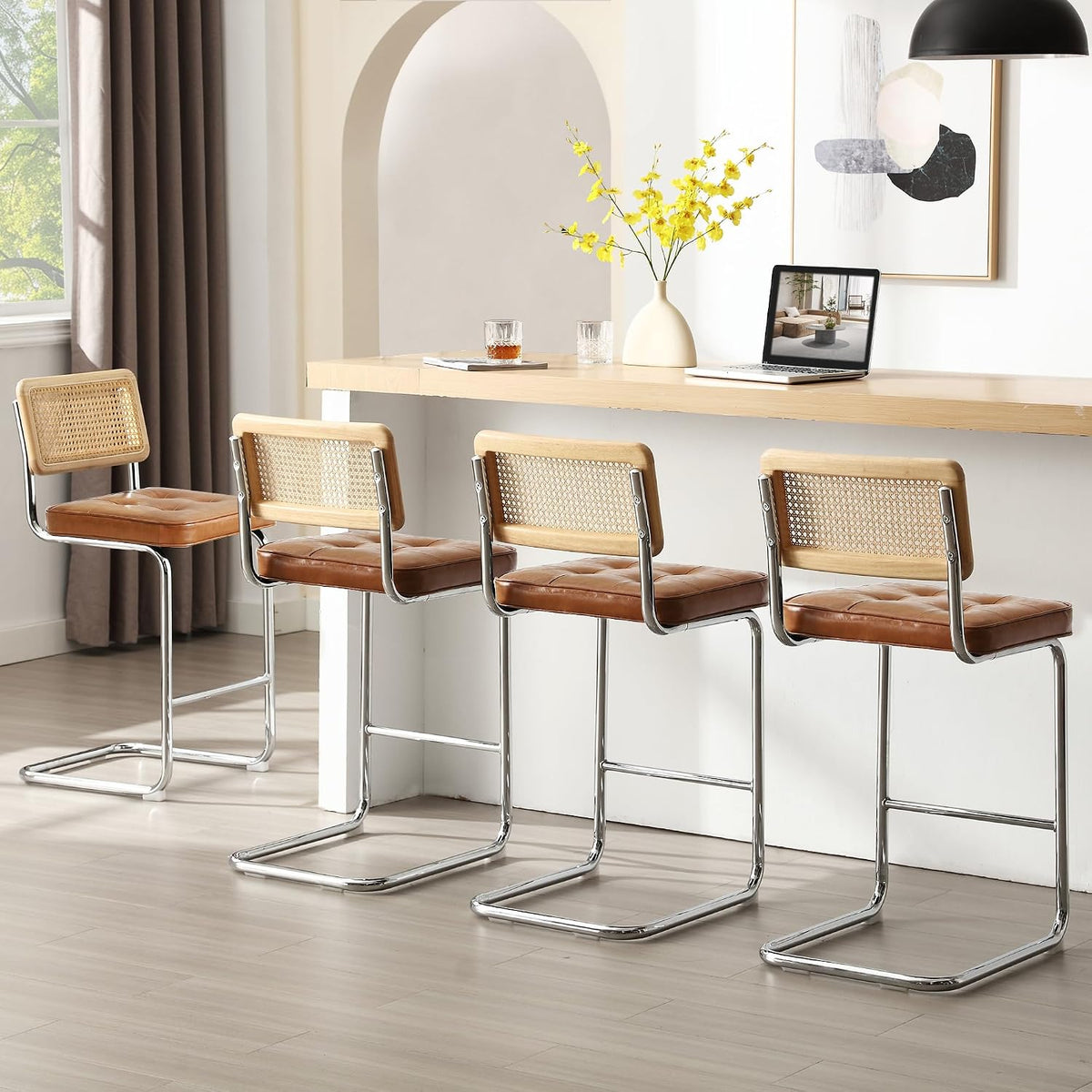 Zesthouse Natural Rattan Counter Stools Set of 2, 26" Modern Boho Barstools | Mid Century Modern Barstool with Cane Mesh & Chrome Base, Vintage Faux Leather Counter Height Chair for Kitchen Island, Brown