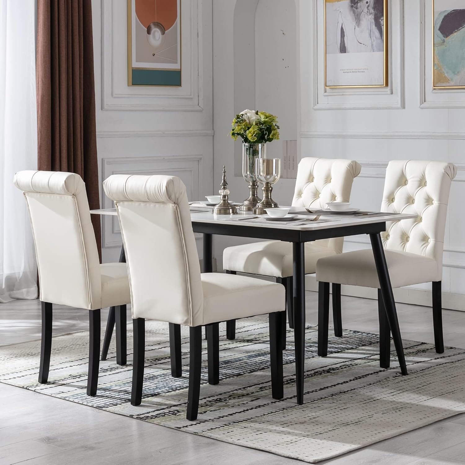 chairus Dining Chairs Set of 2 Mid Century Modern Living Room Chairs with Button Tufted High Back PU Leather Armless Chair Comfy Upholstered Side Chairs for Kitchen/Restaurant/Bedroom, Cream White