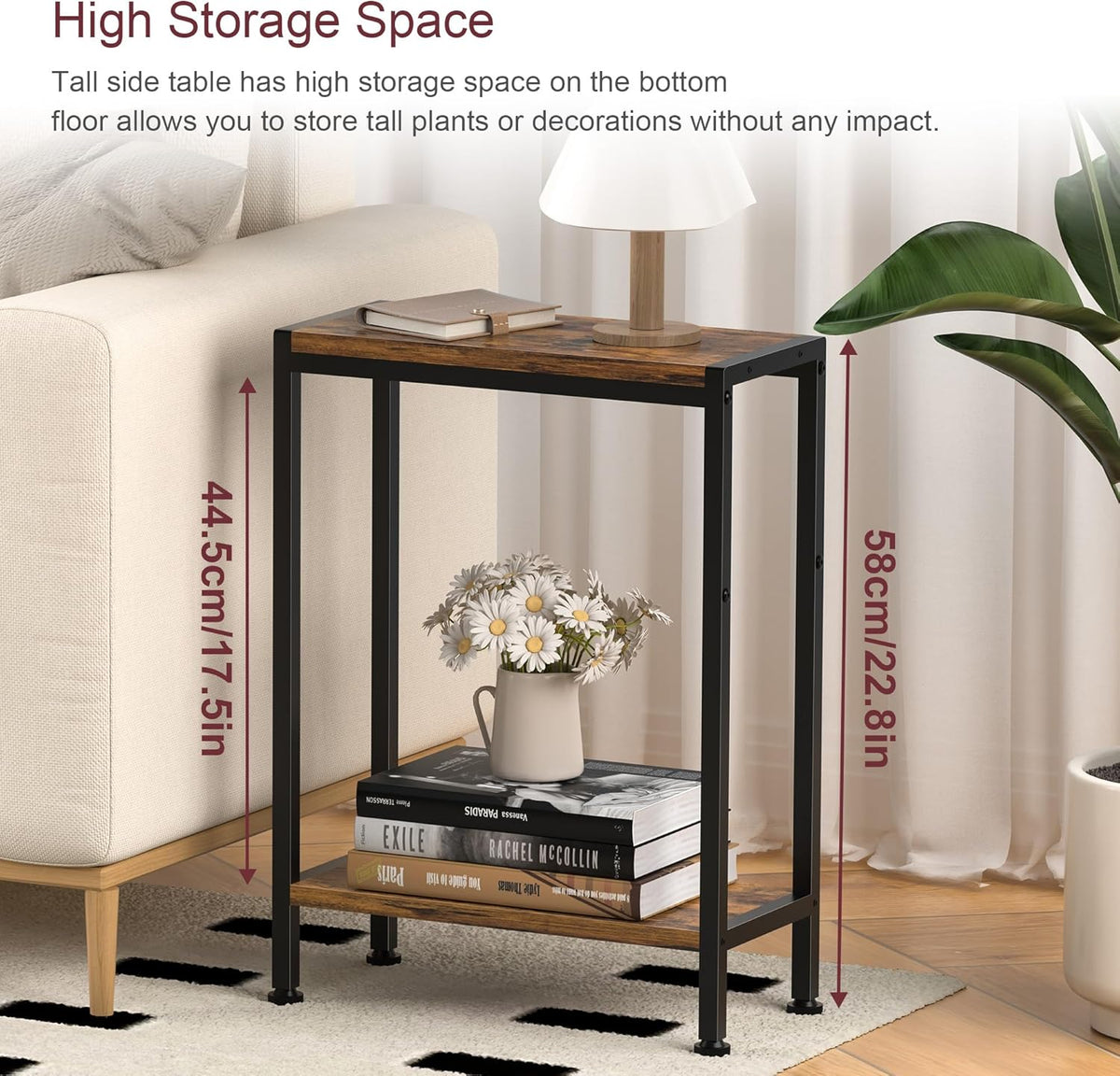Narrow Side Table for Small Space, 2-Tier Slim End Table, Thin Nightstand, Skinny Snack Couch Table, Sofa Bedside Table in Living Room, Bedroom, Study, Kitchen and Balcony (Rustic Brown)