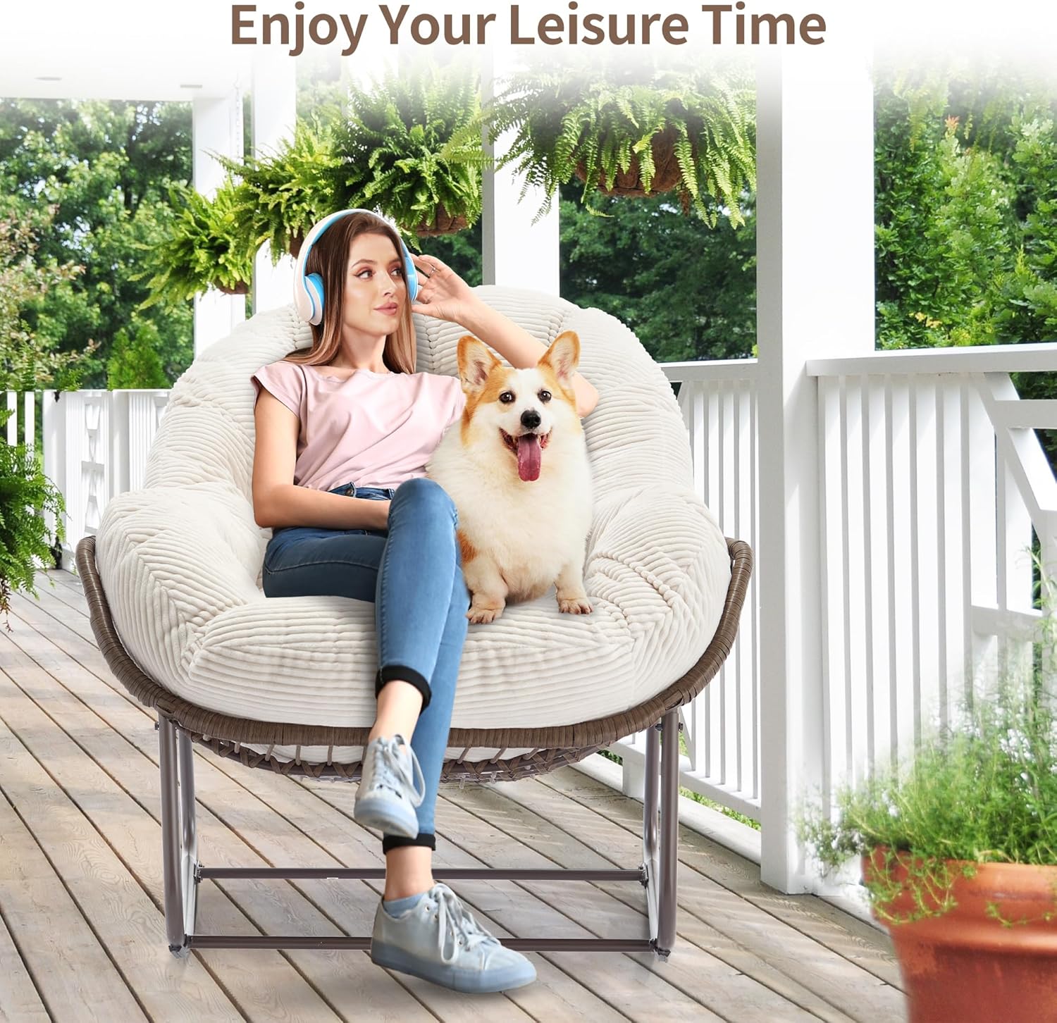 HOMEFUN Outdoor Patio Rocking Chairs, Oversized Papasan Rock Chair Indoor with Striped Velvet Padded Cushion - Rocker Egg Seat for Front Porch, Garden, Patio, Backyard White