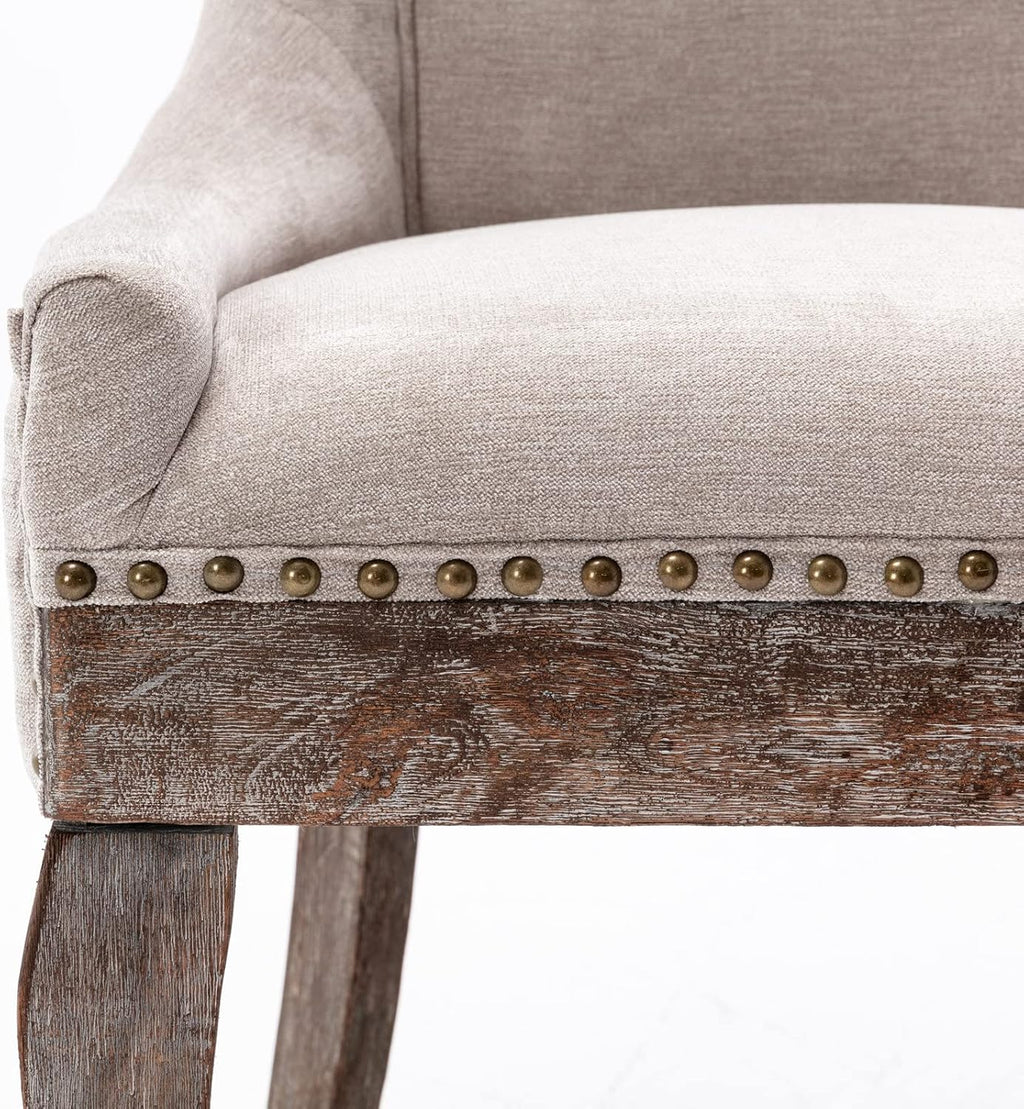 Ball & Cast Mid-Century Upholstered Dining Chairs Set of 2, Thickened Fabric Wingback Kitchen Chairs with Bronze Nail Head & Toned Solid Wood Legs, Beige