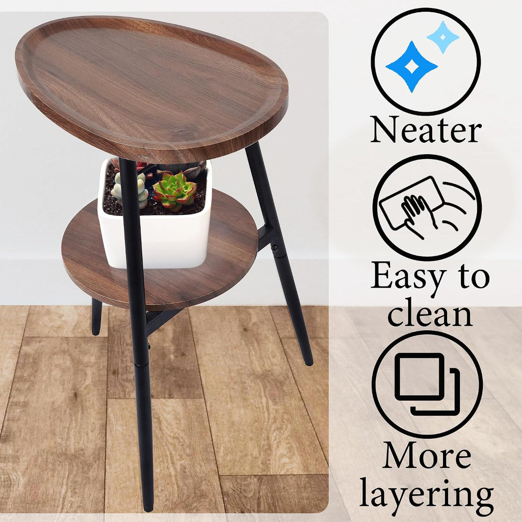 Side Table Small End Table, Oval Round Wood Sofa Table, 2 Tier Accent Table Nightstand Bedside Table with Metal Frame for Living Room, Bedroom, Small Spaces (Rustic Brown)