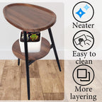 Side Table Small End Table, Oval Round Wood Sofa Table, 2 Tier Accent Table Nightstand Bedside Table with Metal Frame for Living Room, Bedroom, Small Spaces (Rustic Brown)