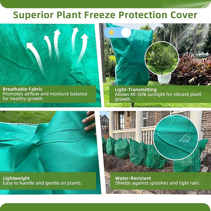 2 Pack Plant Covers Freeze Protection, 40"W x 45"H Winter Frost Blanket 2.36 oz/yd² Fabric Frost Cloth Tree Covers Shrub Jacket Bag with Zipper & Drawstring for Plants Fruit Tree Shrub Potted - Green
