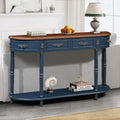 P PURLOVE Curved Console Table with 2 Drawers, Retro Sofa Table with Solid Wood Frame and Legs, Half Moon Entry Table for Home Kitchen Entryway (Navy Blue)