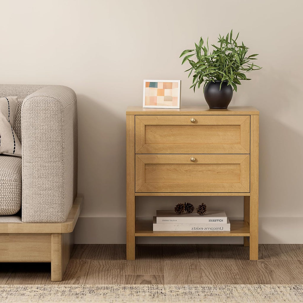 End Table with 2 Drawers, Farmhouse Nightstand with Open Shelf, Modern Bedside Cabinet Side Table Night Stand for Bedroom, Living Room, Natural Oak