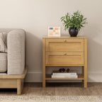 End Table with 2 Drawers, Farmhouse Nightstand with Open Shelf, Modern Bedside Cabinet Side Table Night Stand for Bedroom, Living Room, Natural Oak