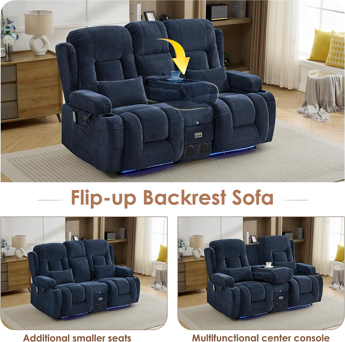 TUNYI Wall Hugger Power Loveseat Recliner - RV Reclining Loveseat with Console Theater Seating RV Recliner Sofa with USB/Outlet//Cup Holder/LED Light/Side Pocket (Dark Blue, Loveseat)