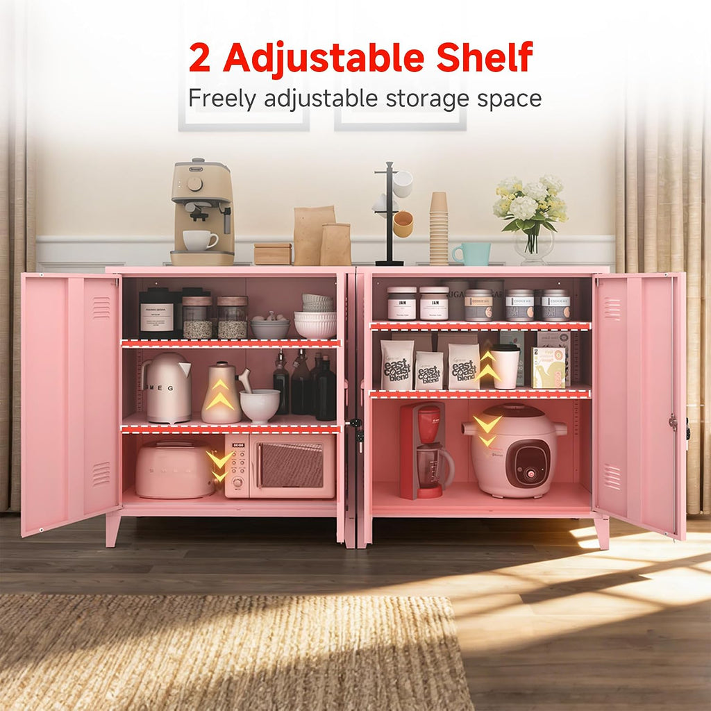 Locking Storage Cabinet Garage Metal Storage Cabinet with 2 Adjustable Shelves and Doors, Storage Cabinet with Lock & Keys for Home School Office (Pink)